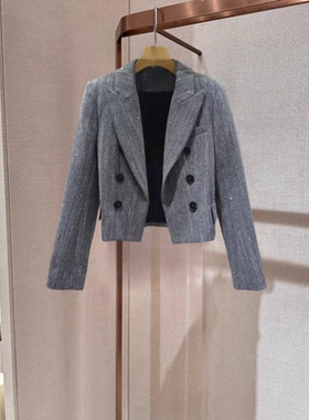 2024年秋季新款灰色通勤西装领双排扣西装短款外套上衣女Q140101D