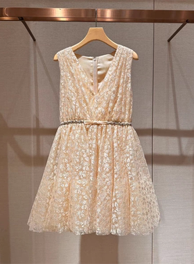 2025年春季新款V领镶钻蝴蝶结蕾丝收腰显瘦A字无袖连衣裙R104602B