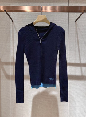 2025冬季新款休闲连帽假两件拼接撞色长袖修身针织衫上衣XRJ6M07C