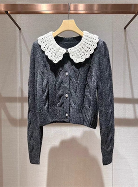 2024年冬季新款拼接娃娃领麻花纹单排扣百搭针织开衫外套Q162003D