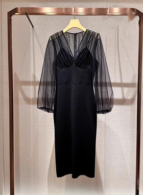 2023年秋季新款优雅V领钉珠灯笼袖收腰显瘦中长款连衣裙P141702D