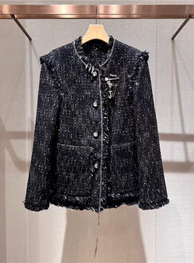 2024年秋季新款流苏花纱亮钻装饰粗单排扣毛呢外套上衣女Q144601E