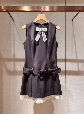 2025春季新款优雅拼接蝴蝶结荷叶边收腰显瘦无袖连衣裙女R101603D