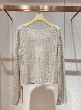 2026年春季新款简约风圆领拼接镂空长袖宽松针织衫女上衣XSJ0M02B
