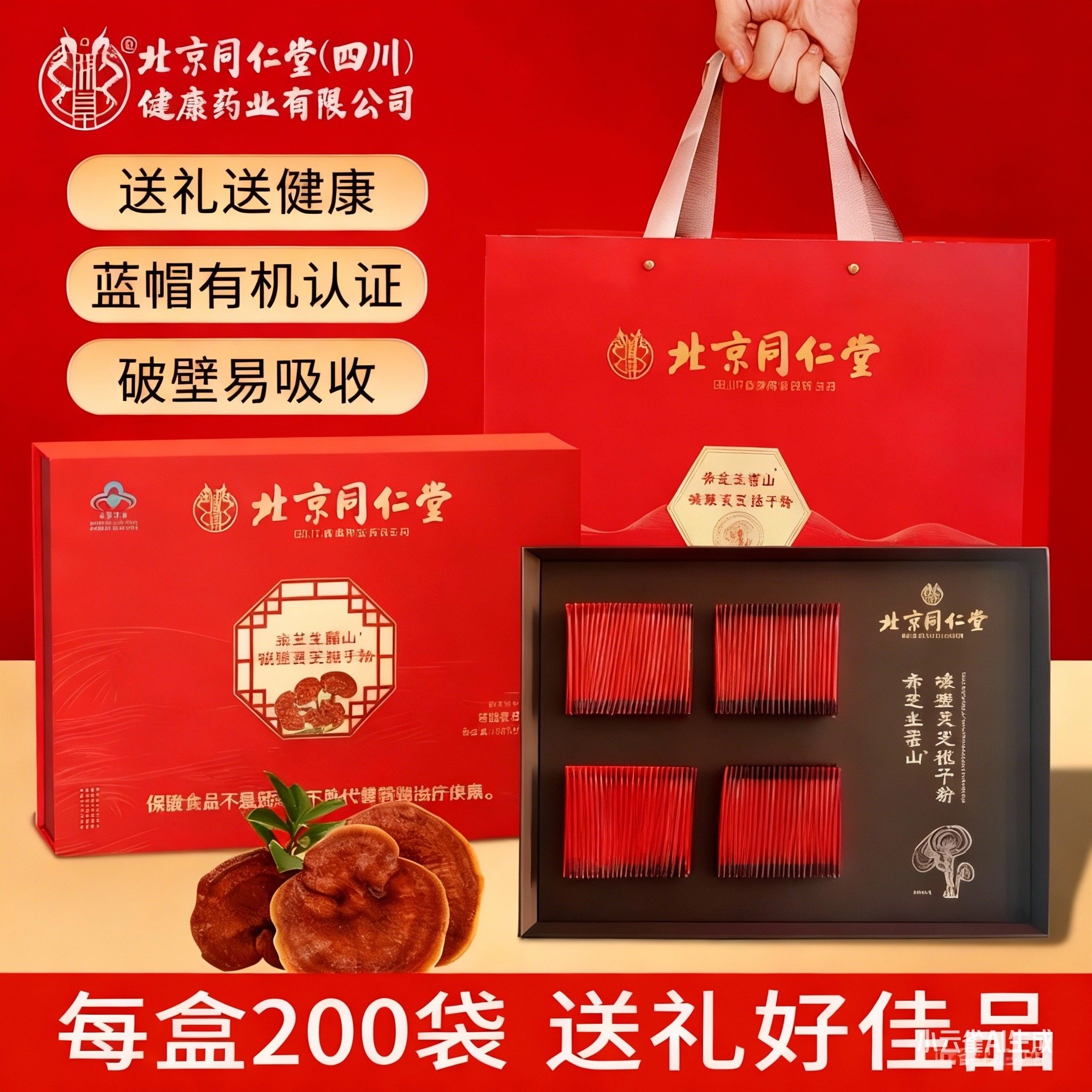 北京同仁堂赤芝生霍山破壁灵芝孢子粉200袋/盒礼盒装灵芝礼盒装Z,传统滋补营养品,灵芝孢子粉/油,淘宝优惠券,粉丝福利购,淘宝优惠卷