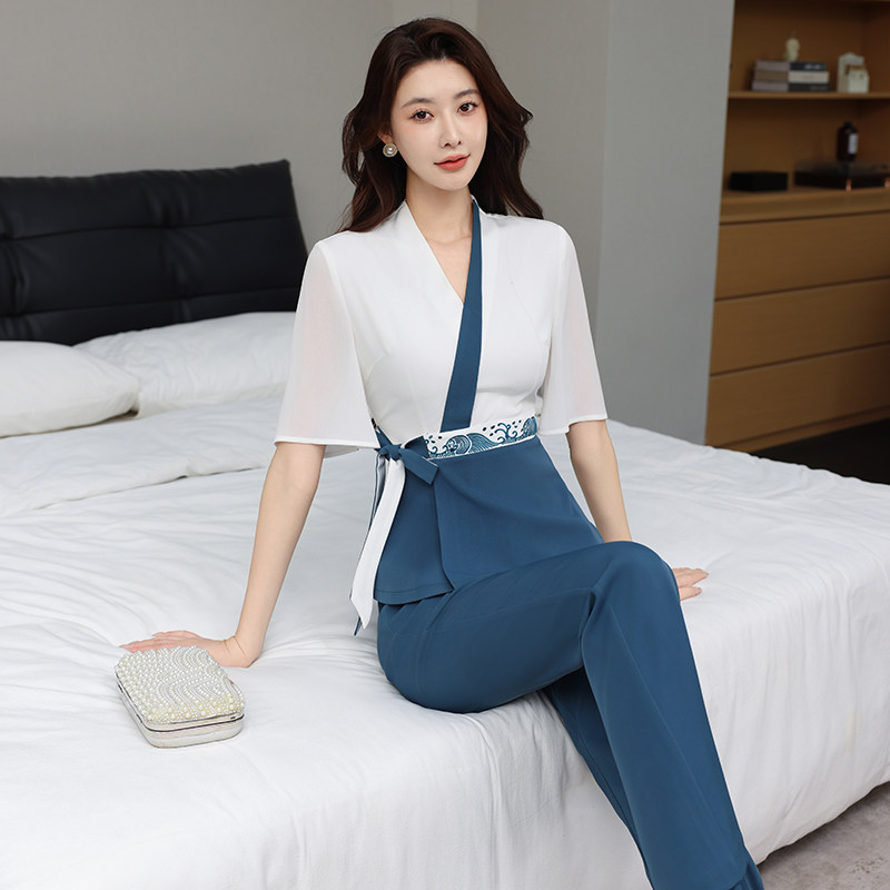 新款美容师工作服女高端V领收腰显瘦气质工衣足浴技师服长裤套装