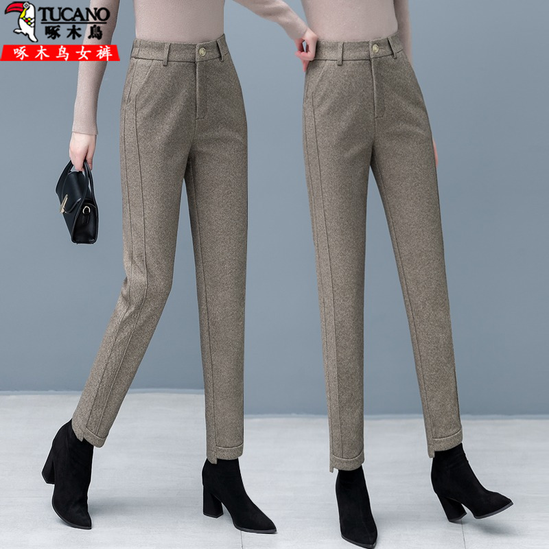 休闲毛呢小脚裤女2025新款秋冬季垂感高腰显瘦百搭加厚直筒哈伦裤