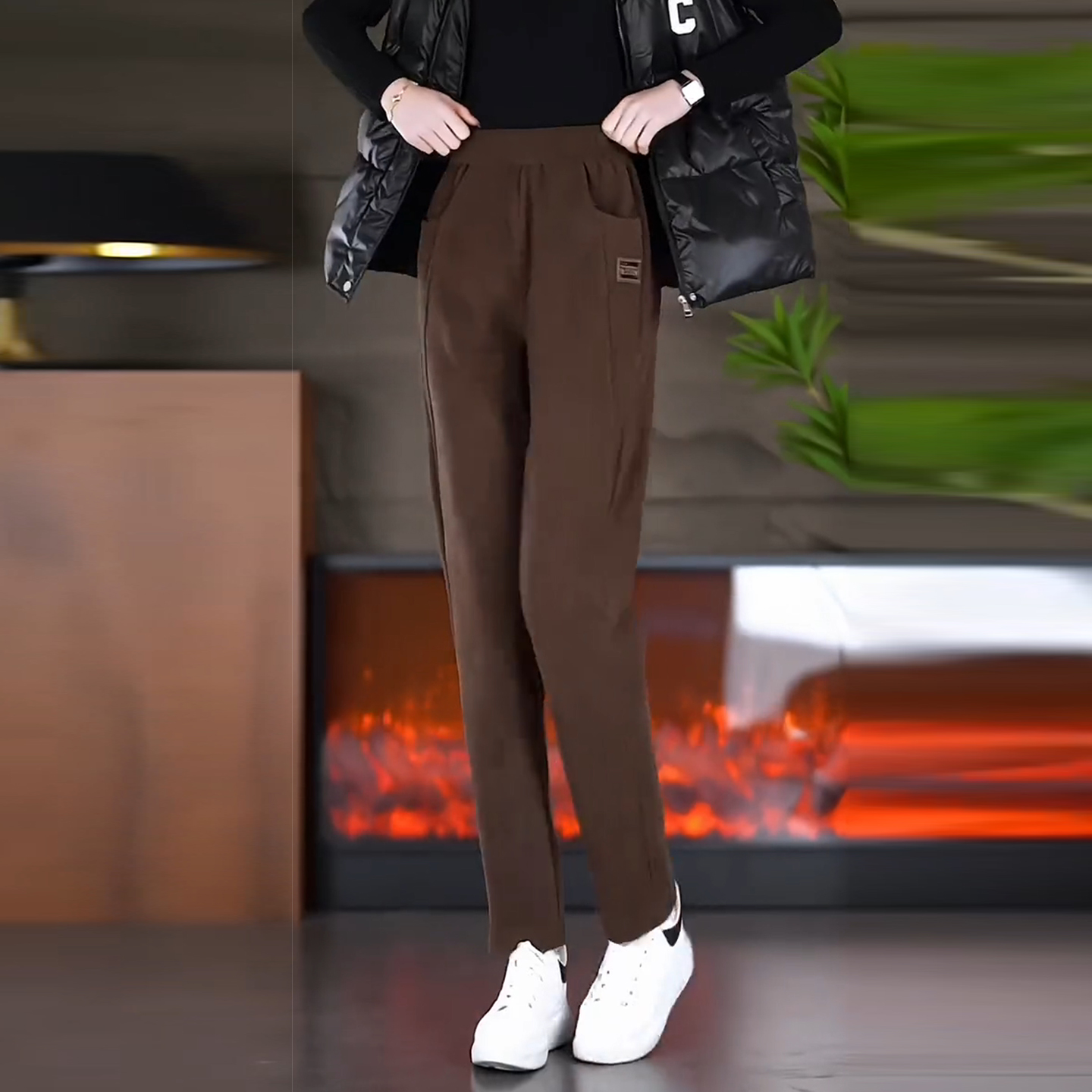 啄木鸟加绒加厚休闲裤女2025秋冬新款高腰显瘦宽松直筒哈伦裤卫裤