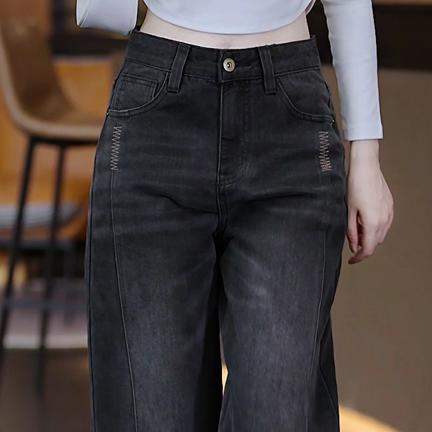 啄木鸟复古黑灰色弯刀加绒牛仔裤