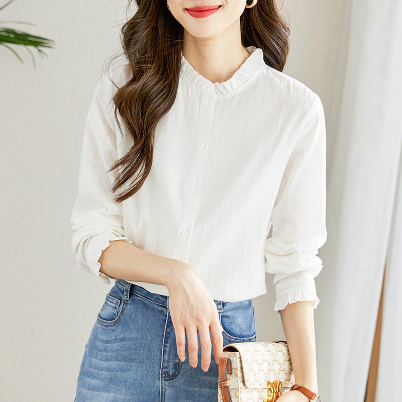 棉茧 白衬衫女长袖2026春秋新款木耳领上衣修身显瘦纯棉女式衬衣