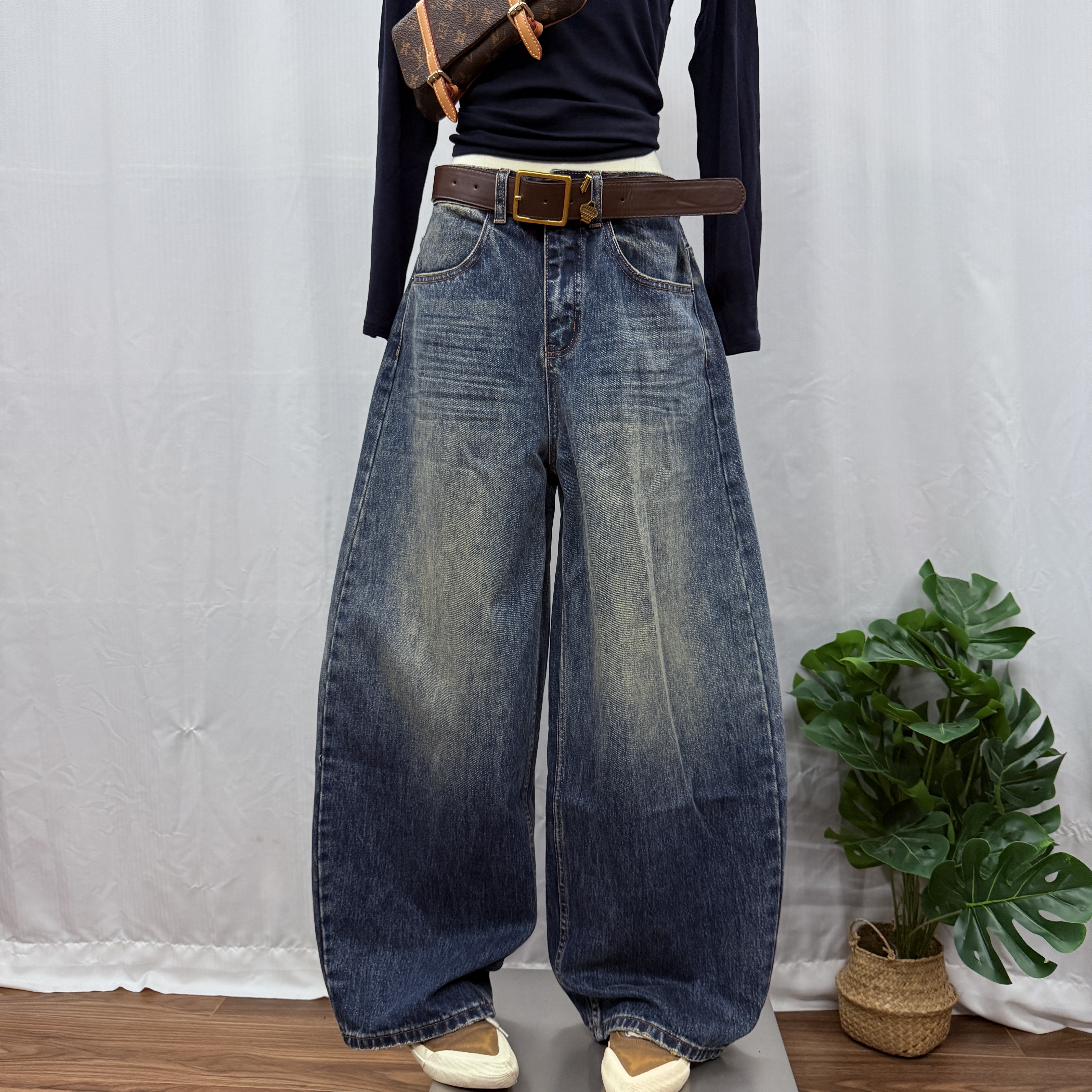 JEANS W913冬季25新品复合绒美式个性无弹蓝牛仔高腰阔腿弯刀裤H