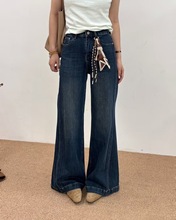 JEANS6868 秋季25新品丝带腰带蓝色高腰微弹阔腿微喇牛仔长裤