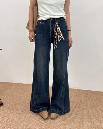 JEANS6868 秋季25新品丝带腰带蓝色高腰微弹阔腿微喇牛仔长裤