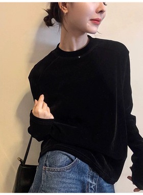 欧版 31191 秋冬高弹小半高领网纱金丝绒黑色长袖T恤女洋气小衫潮