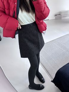 A字短裙女S 新歌加里纣高腰显瘦亮片订珠毛呢直筒半身 2310冬季