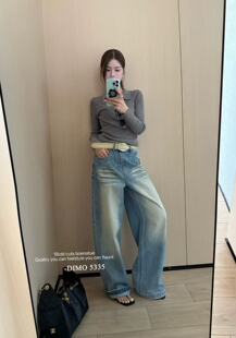 蓝色磨白显瘦百搭休闲裤 女阔腿裤 5335早春2026高腰弯刀牛仔裤