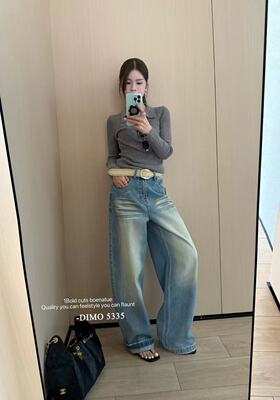 DM 5335早春2026高腰弯刀牛仔裤女阔腿裤蓝色磨白显瘦百搭休闲裤
