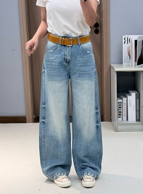 H TZ66076春季2026新品休闲纯棉无弹蓝色扎染阔腿弯刀牛仔裤长裤Y