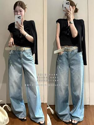 ZM 6978春夏新款高腰牛仔裤女直筒阔腿裤蓝色磨白显瘦百搭休闲裤K