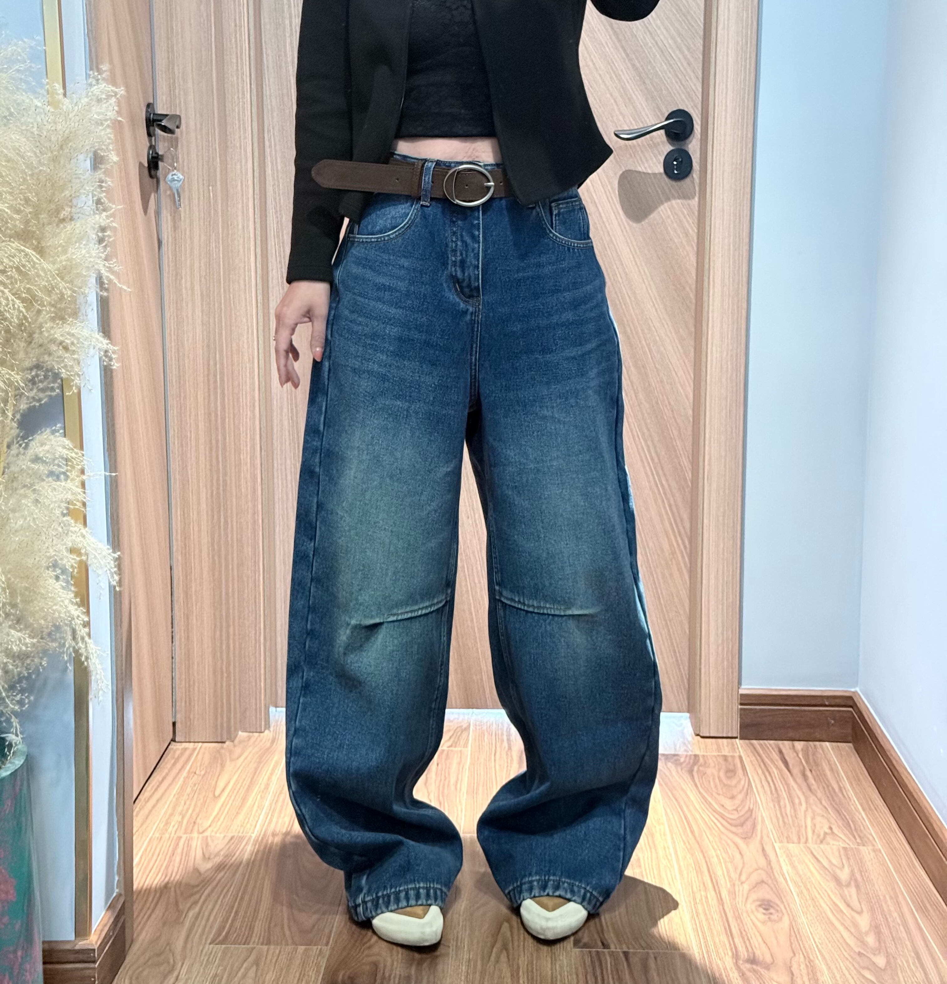 27TIMES 9927冬季复合绒2025新款高腰宽松百搭弯刀裤阔腿牛仔裤S