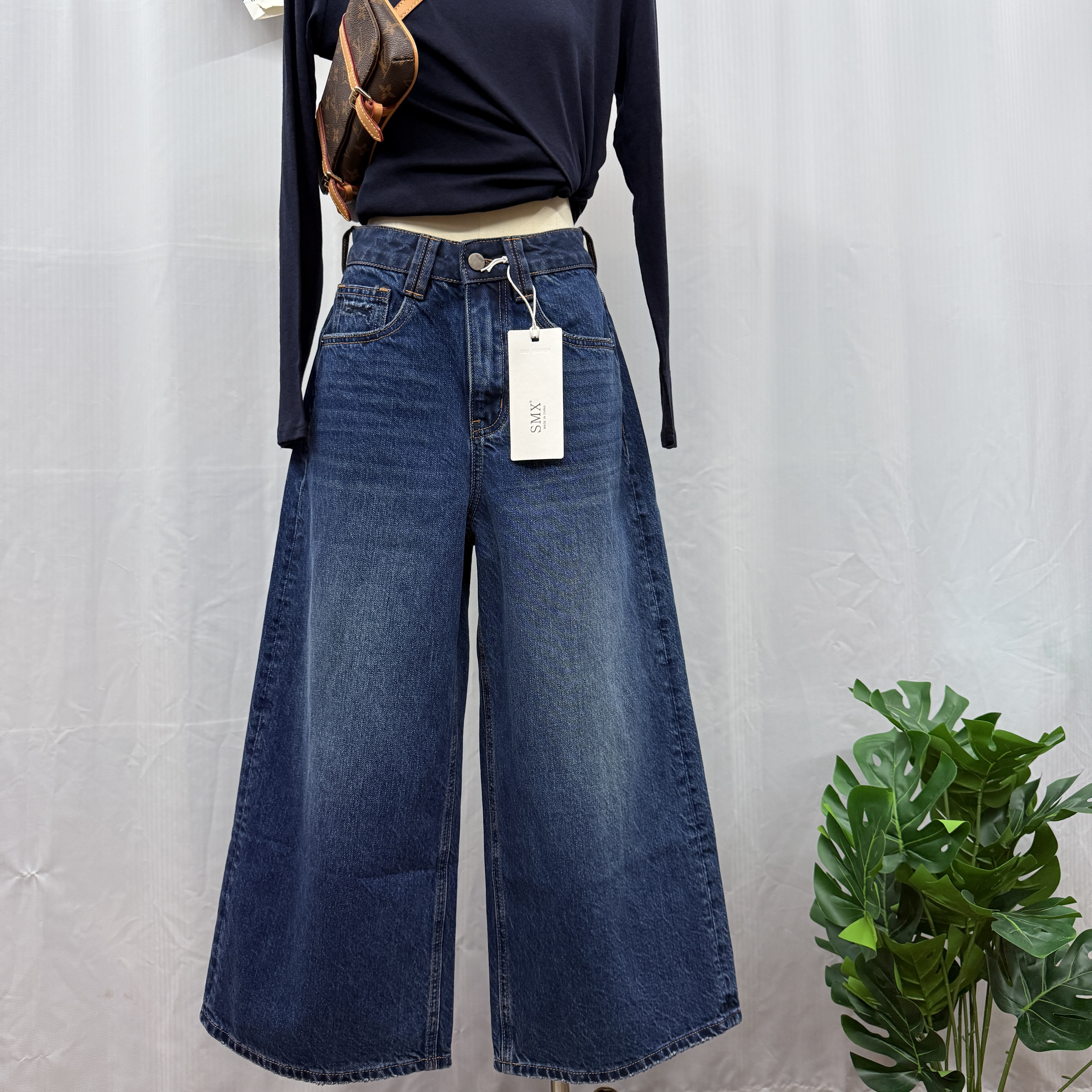 [现货] SMX98275-1牛仔裤2025秋季高腰全棉加绒蓝色阔腿八分裤女s