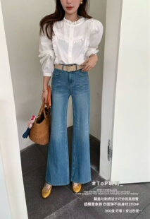 女显瘦显腿长女裤 TOP3110春季 2026四面弹高腰直筒蓝色喇叭牛仔裤
