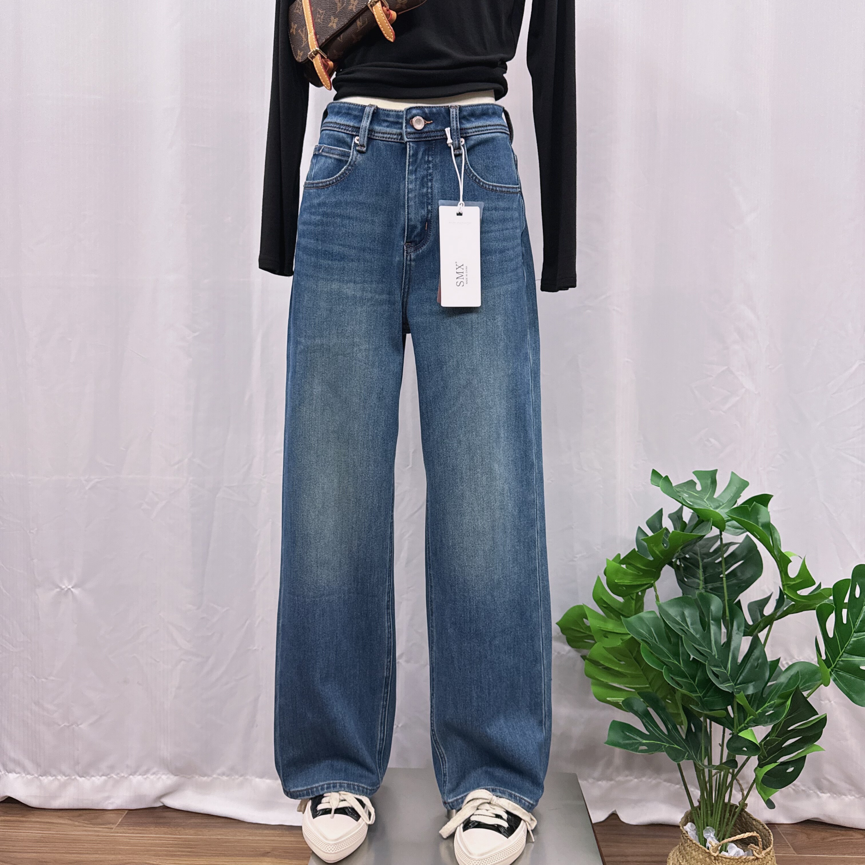 SMX 67916加绒加厚牛仔裤2025年冬季四面弹蓝色直筒裤高腰长裤女w