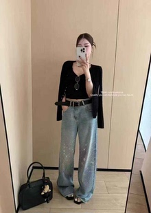 DM 8685 烫钻牛仔裤女2026新款高腰满天星阔腿立体剪裁直筒牛仔裤