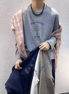 衣7 percent 55226秋季新款百搭圆领卡通印花长袖宽松休闲棉麻T恤