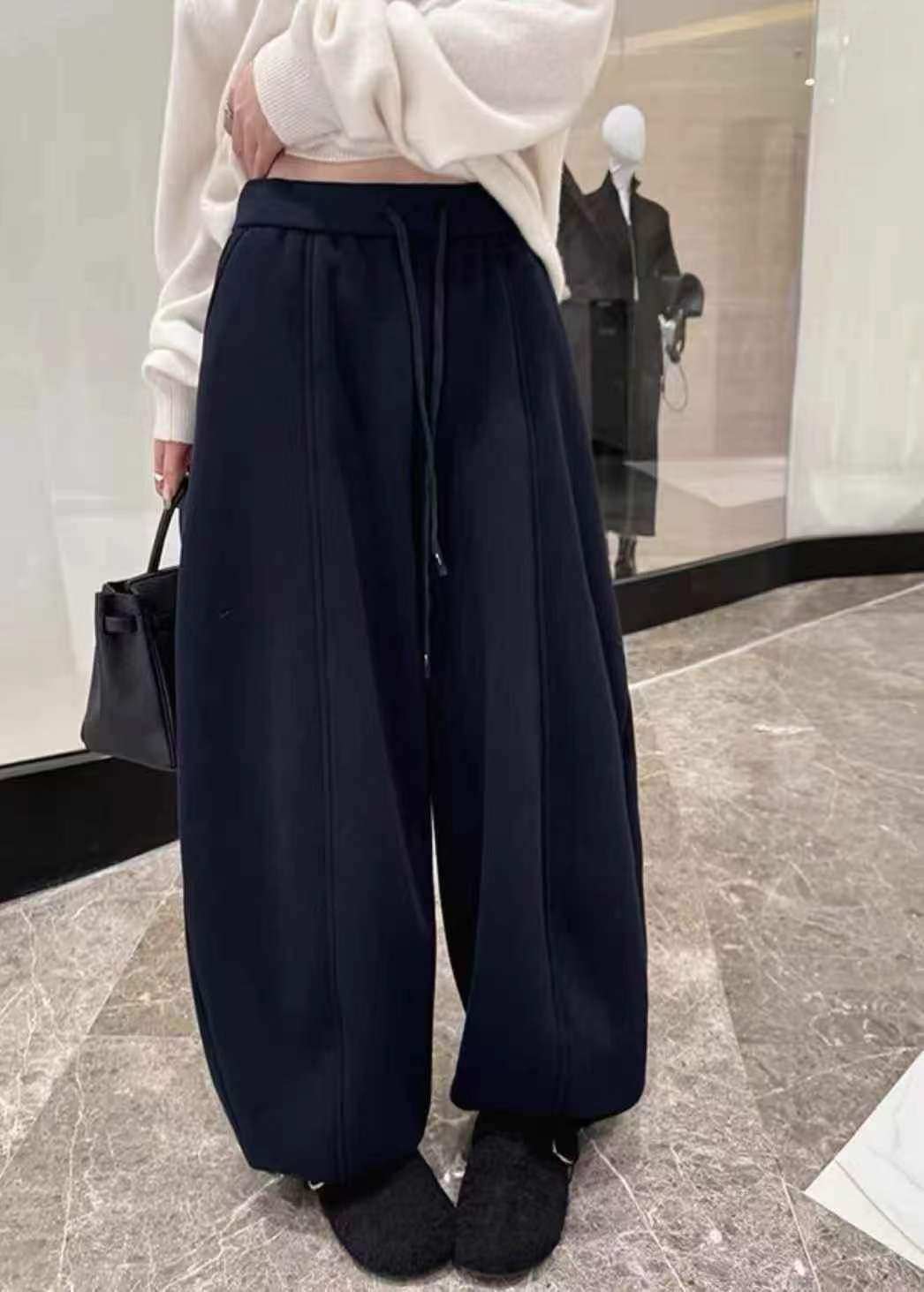 DY2133冬季2025抽绳拼接松紧腰宽松高级感加绒阔腿弯刀休闲裤女MS,女装/女士精品,休闲裤,淘宝优惠券,粉丝福利购,淘宝优惠卷