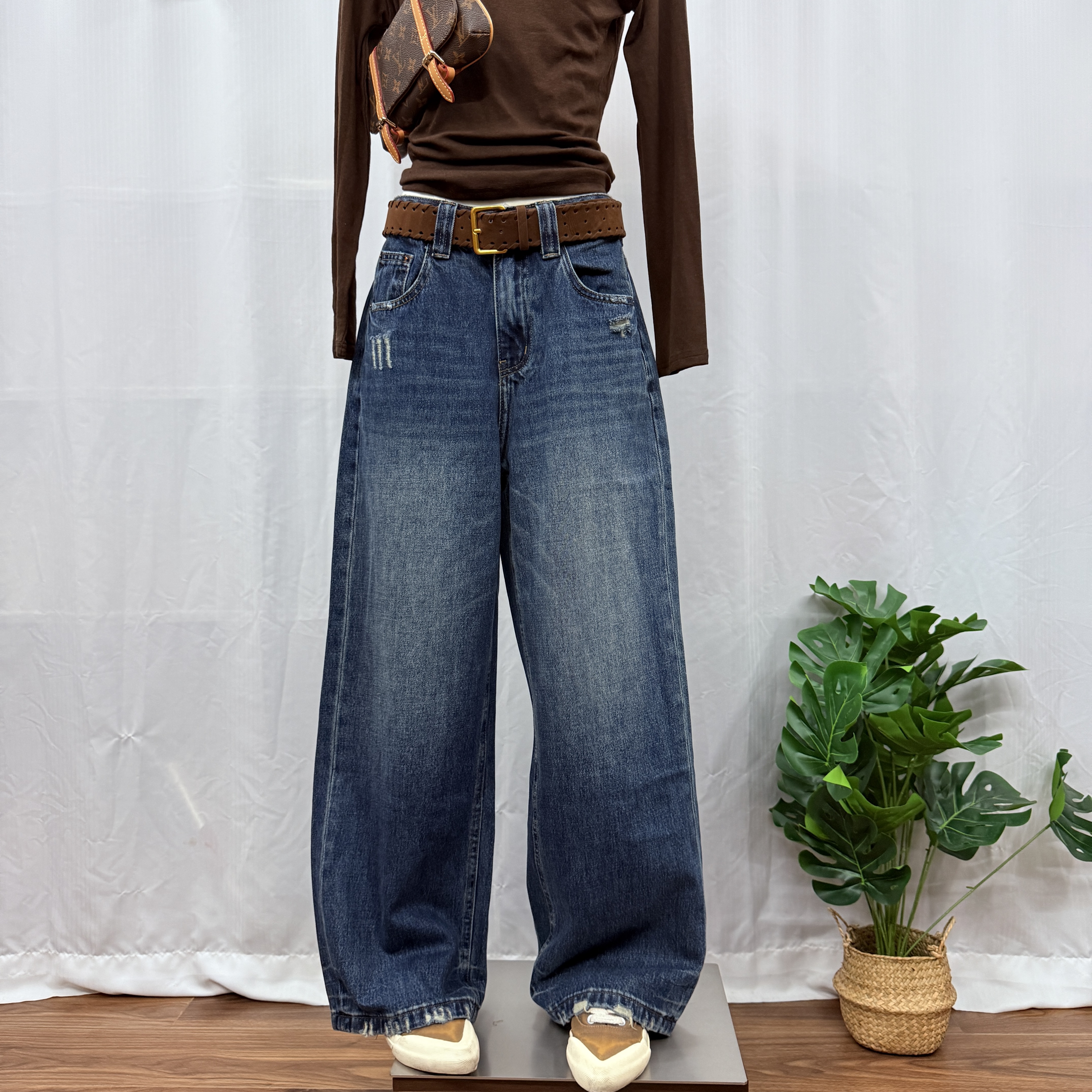 JEANS 6879秋季2025新品美式个性无弹深蓝色牛仔裤高腰阔腿裤女Hw