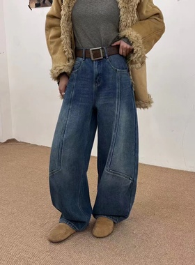 JEANS W966 冬季复合绒2025新款高腰宽松无弹美式弯刀裤牛仔裤女B