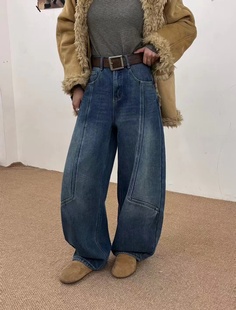 复合绒2025新款 冬季 高腰宽松无弹美式 弯刀裤 女B JEANS 牛仔裤 W966