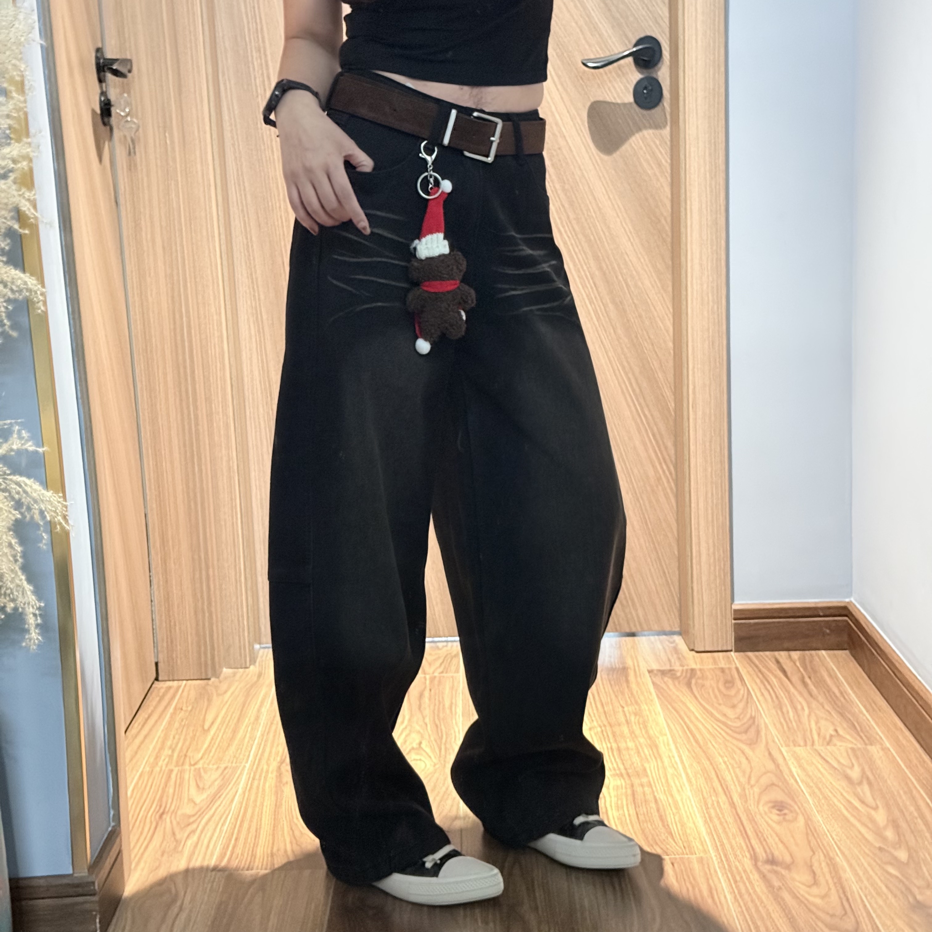 JEANS D950 冬季复合绒2025新款高腰宽松圣诞美式弯刀裤牛仔裤女B