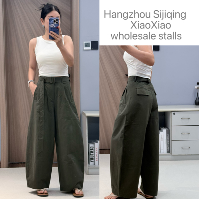 Z&W 67001春夏半松紧腰配腰带减龄百搭纯色弯刀宽松阔腿裤休闲裤B