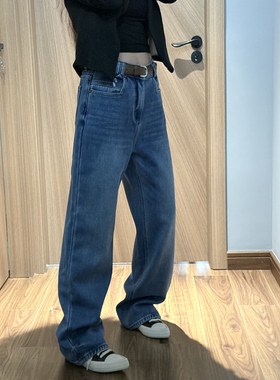 特价T&S7070冬季复合绒2025新款高腰宽松百搭窄版裤直筒蓝色牛仔