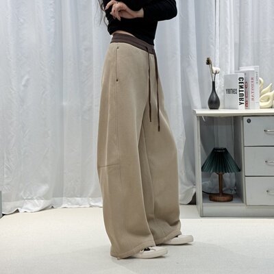ZW 6016冬季加绒2025新品抽绳松紧腰纯色卫裤阔腿弯刀白搭长裤女B