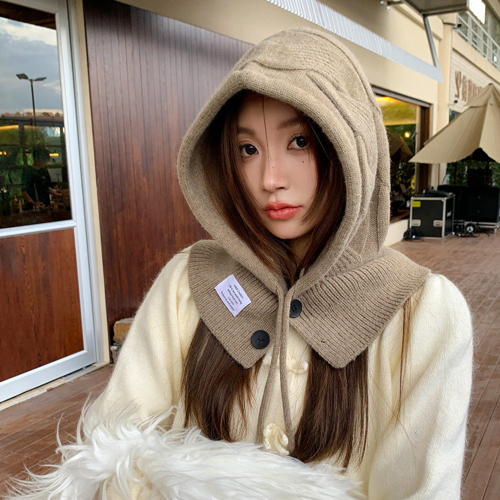 秋冬新款巴拉克拉法帽纽扣抽绳护耳帽子韩国针织大麻花围脖一体帽
