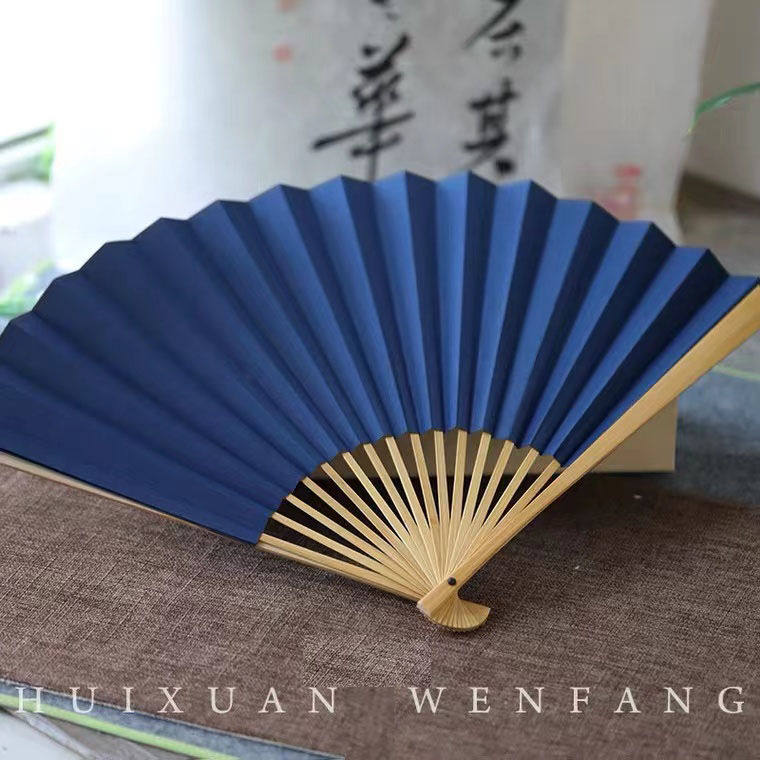 9寸古风玉竹宣纸折扇文玩扇子蓝色黑色扇面书法国画创作汉服扇子