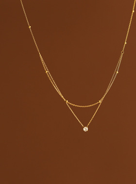 XL552 鲸雨饰品 精美单钻小双层项链金珠锁骨链 钛钢真空电镀保色