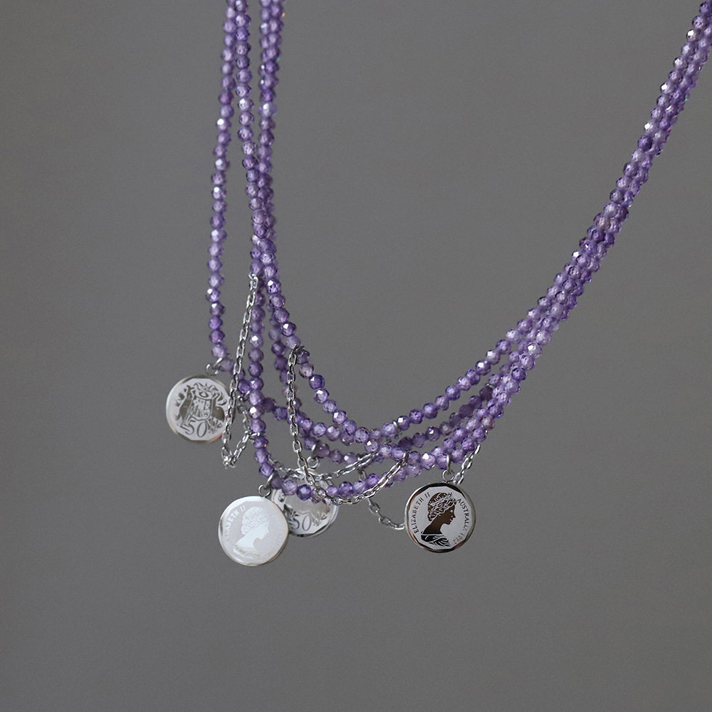 XL508 流浪币薰衣草紫色流苏女王钱币手工链锁骨链 项链银色钛钢