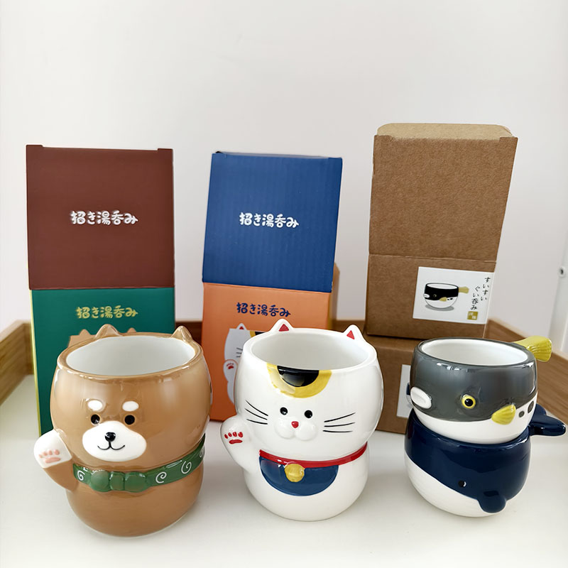 日本正版decole招财猫柴犬河豚鲸鱼陶瓷马克杯日式茶水杯创意礼物