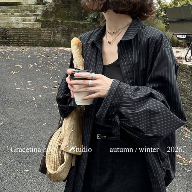 GRACETINA HOO|法式简约高智通勤|条纹翻领马蹄长袖衬衫女早秋