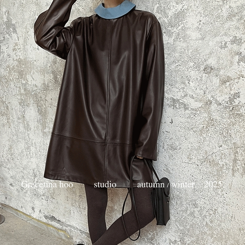 GRACETINA HOO｜法式时髦设计感通勤｜立裁环保连衣皮裙女秋冬