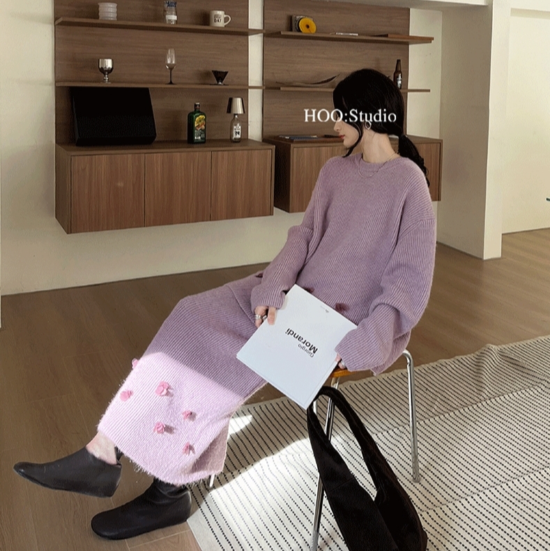 GRACETINA HOO｜香风高智感通勤｜羊毛钉珠圆领毛衣&半身裙女秋冬