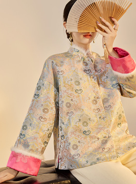 MID｜新年春节｜国风新中式｜宋锦提花貂毛立领棉服外套女春秋冬