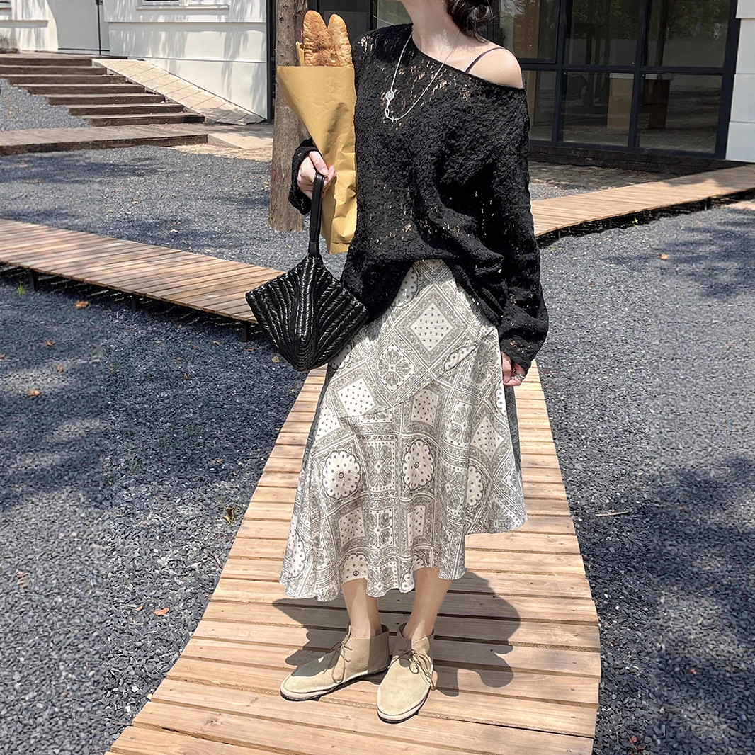 GRACETINA HOO｜法式时髦设计感通勤｜亚麻斜裁腰果花半裙女夏秋