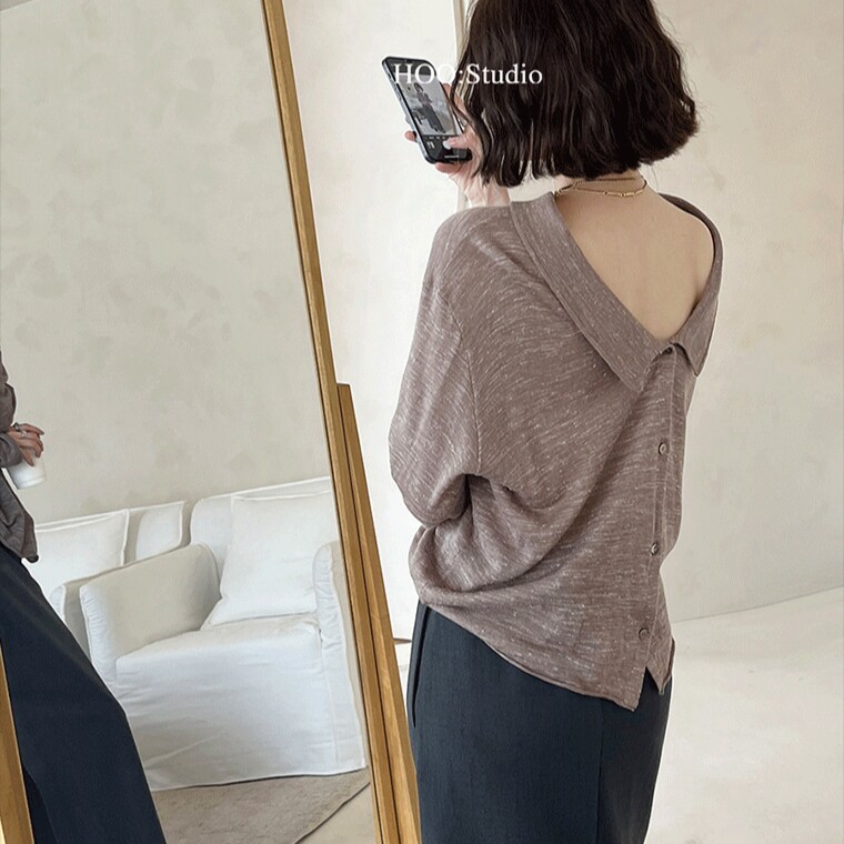 GRACETINA HOO|法式休闲高级通勤|花纱麻翻领长袖针织开衫女秋