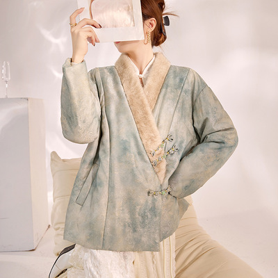 MID｜老钱风高智感国风新中式｜人丝提花V型毛领棉服外套女春秋冬