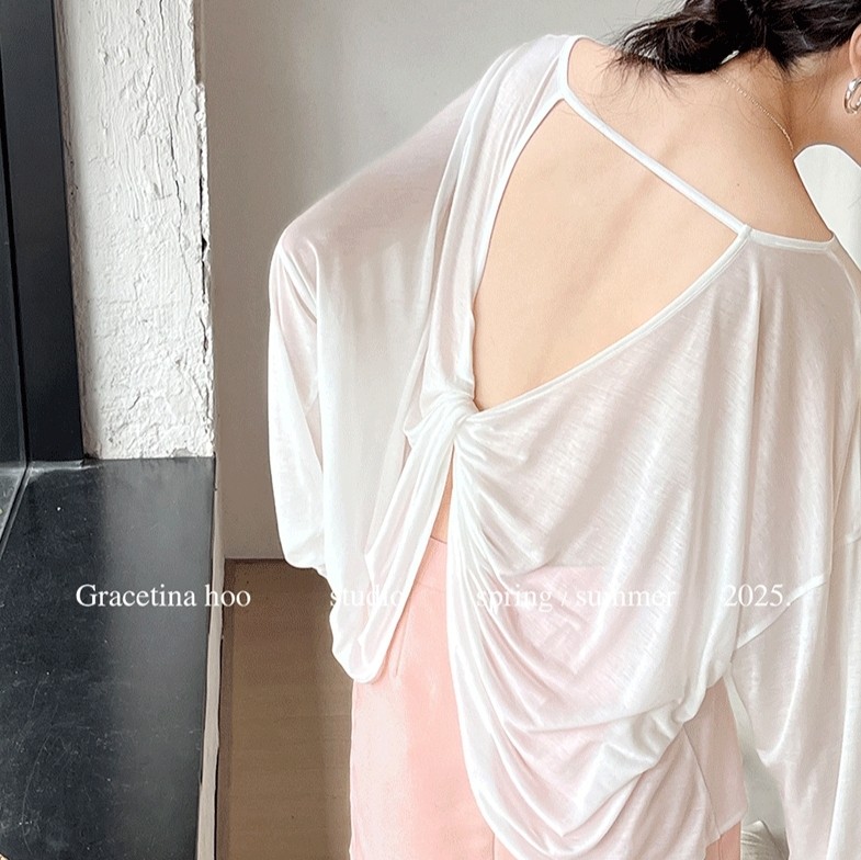 GRACETINA HOO｜法轻奢慵懒通勤｜天丝露背扭结圆领长袖T恤女夏秋